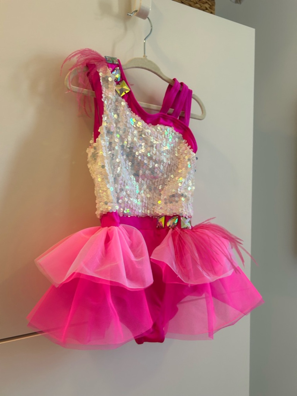 Weissman Hot Pink / White Sequin One-Shoulder Tutu Dance Costume - SC (6/6X) - Picture 4 of 12